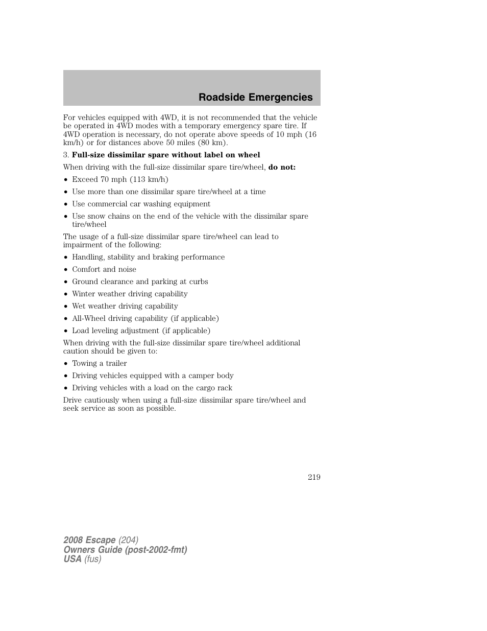 Roadside emergencies | FORD 2008 Escape v.2 User Manual | Page 219 / 304