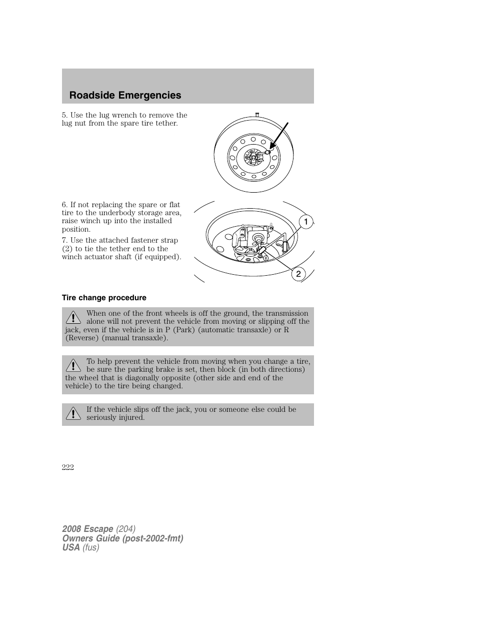 Roadside emergencies | FORD 2008 Escape v.2 User Manual | Page 222 / 304