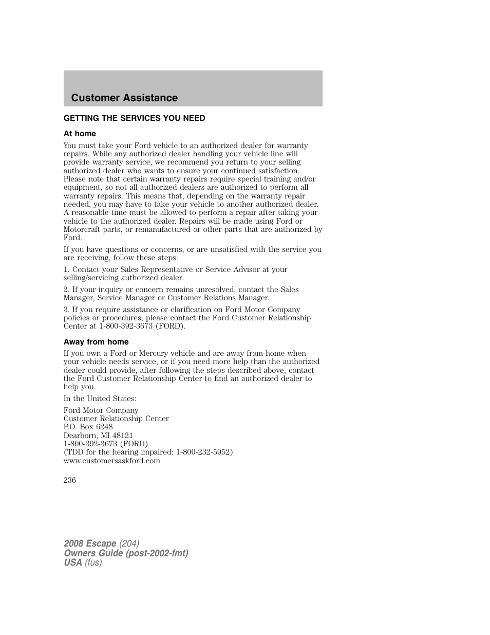 Customer assistance | FORD 2008 Escape v.2 User Manual | Page 236 / 304