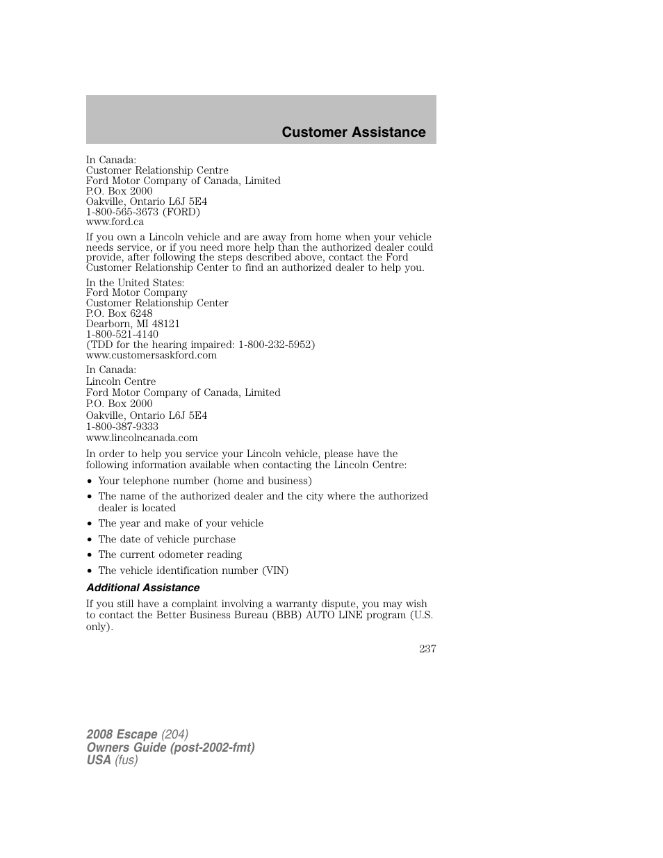 Customer assistance | FORD 2008 Escape v.2 User Manual | Page 237 / 304