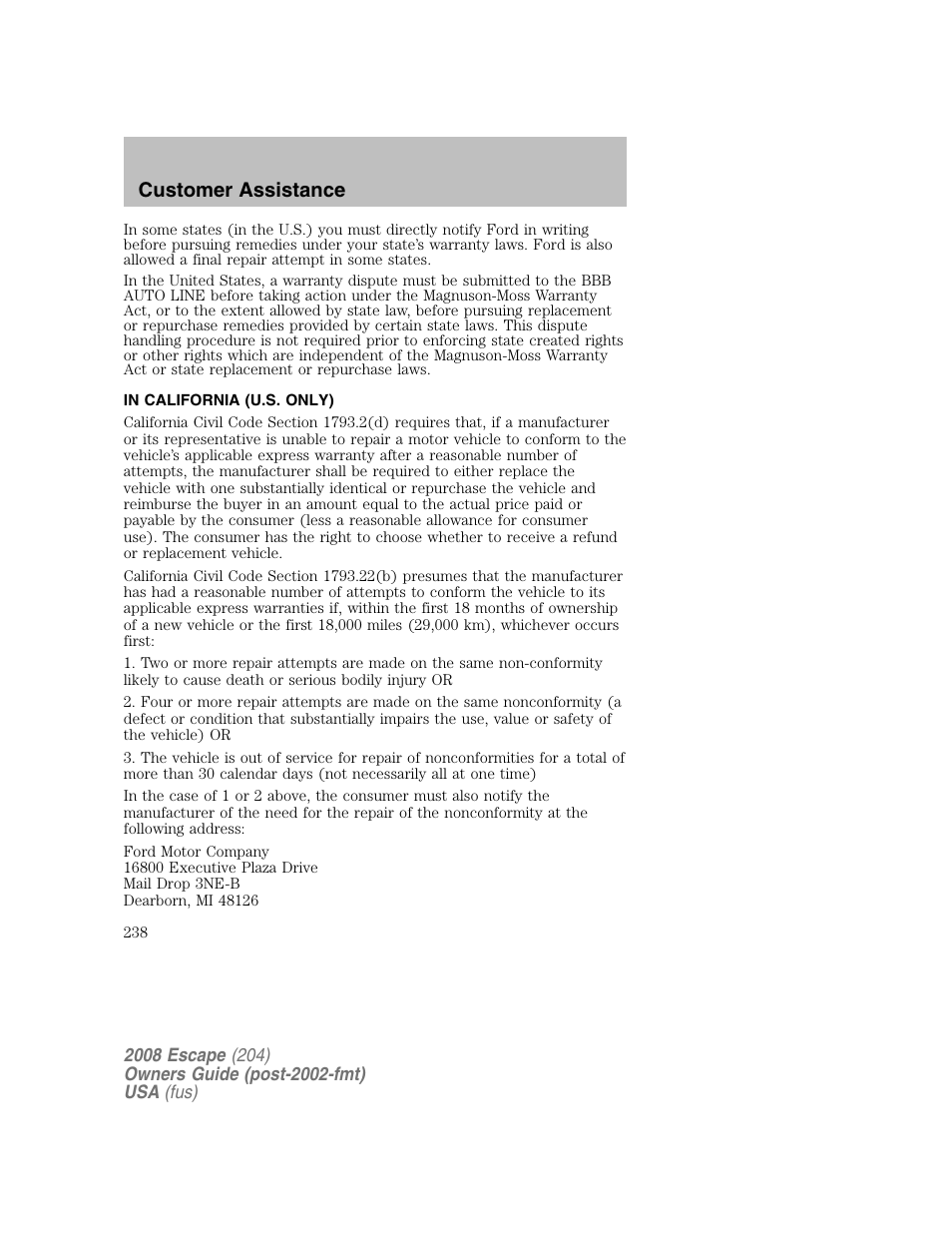 Customer assistance | FORD 2008 Escape v.2 User Manual | Page 238 / 304