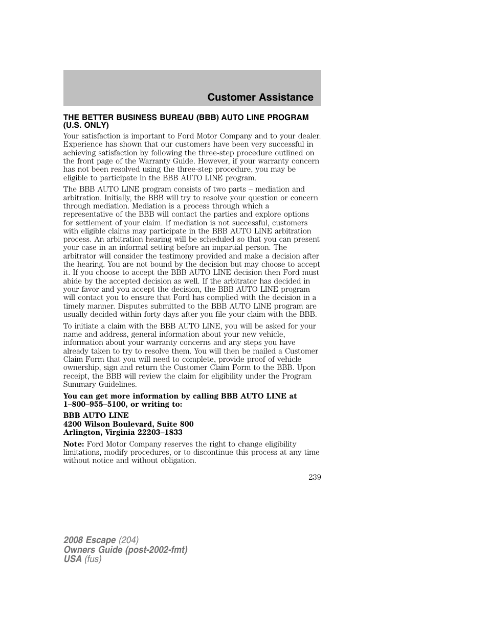 Customer assistance | FORD 2008 Escape v.2 User Manual | Page 239 / 304