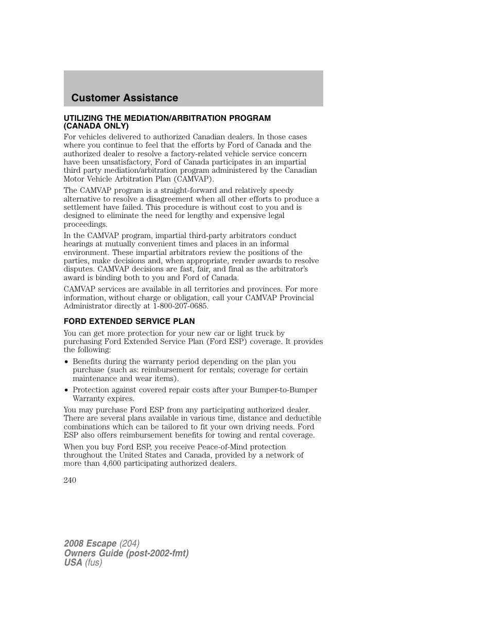 Customer assistance | FORD 2008 Escape v.2 User Manual | Page 240 / 304