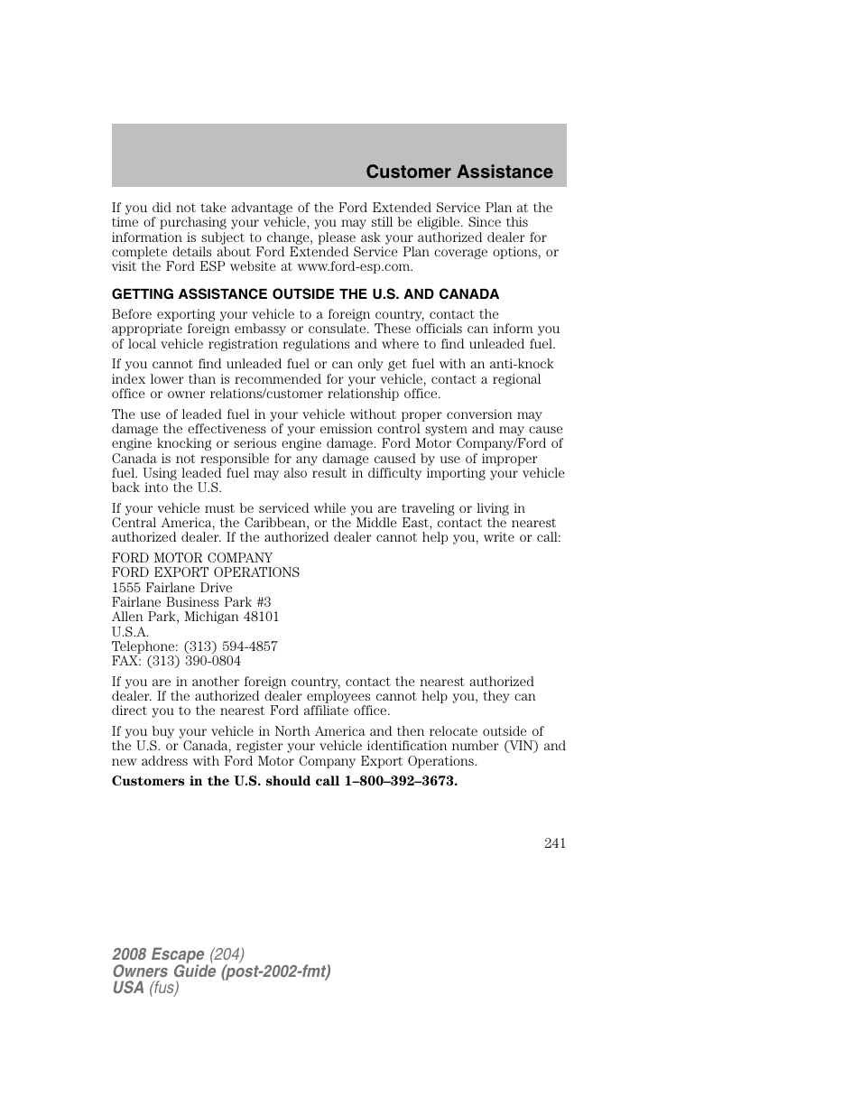 Customer assistance | FORD 2008 Escape v.2 User Manual | Page 241 / 304