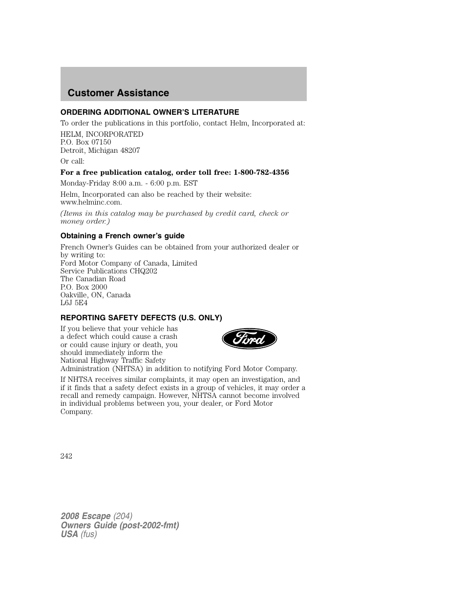 Customer assistance | FORD 2008 Escape v.2 User Manual | Page 242 / 304