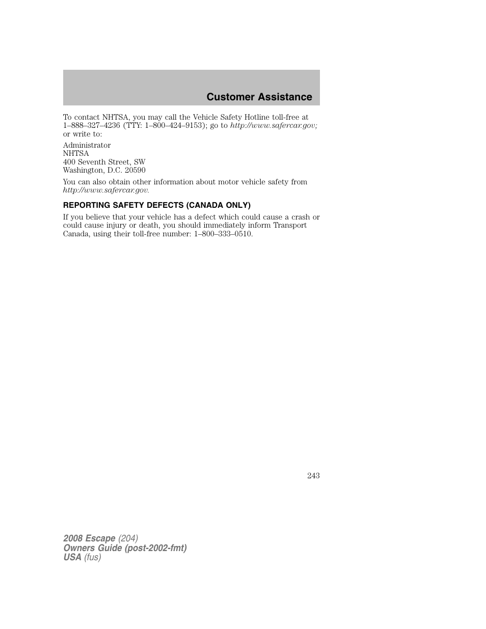 Customer assistance | FORD 2008 Escape v.2 User Manual | Page 243 / 304