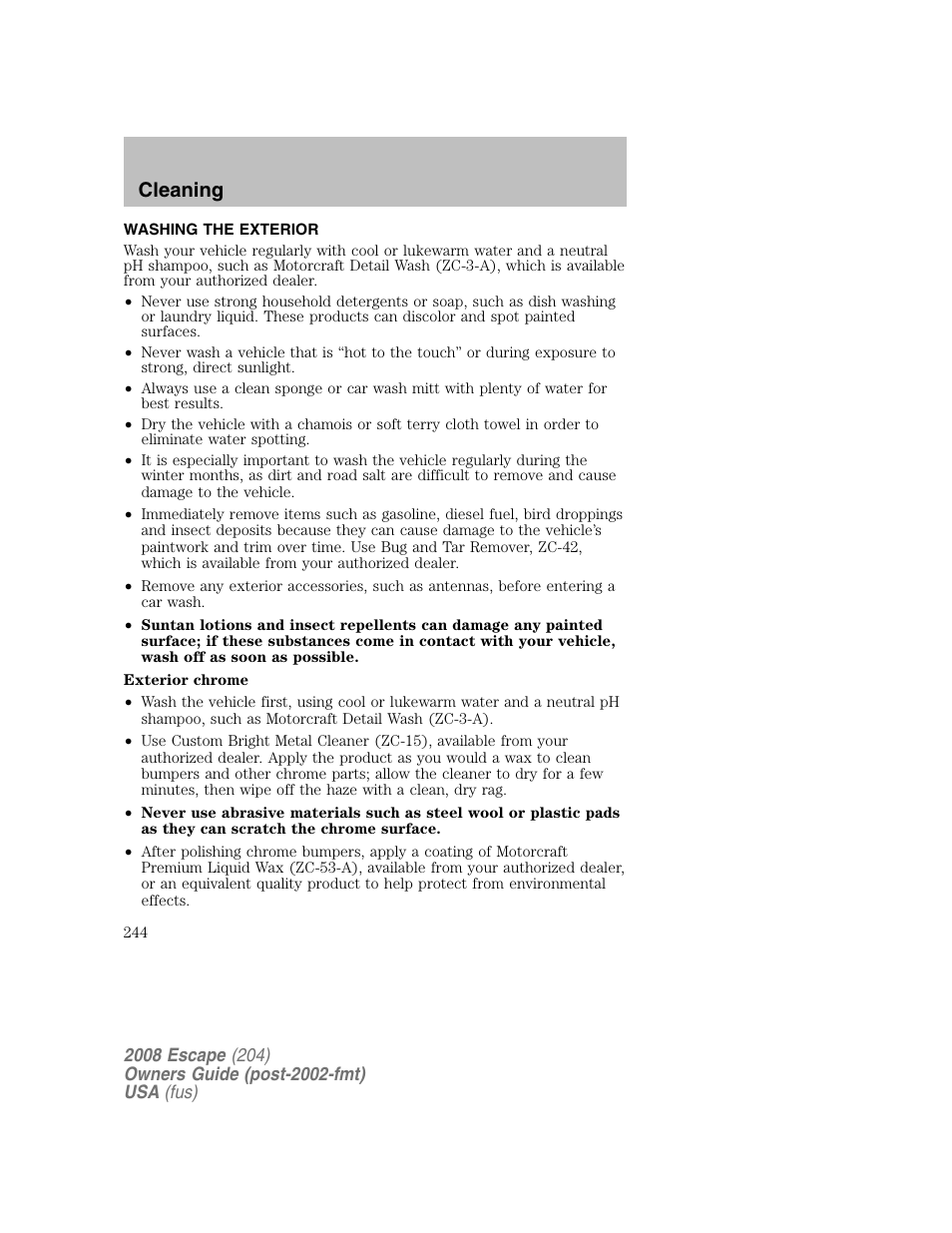Cleaning | FORD 2008 Escape v.2 User Manual | Page 244 / 304