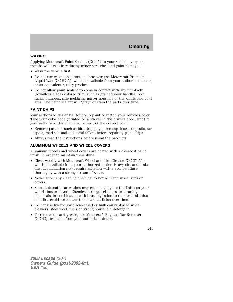 Cleaning | FORD 2008 Escape v.2 User Manual | Page 245 / 304