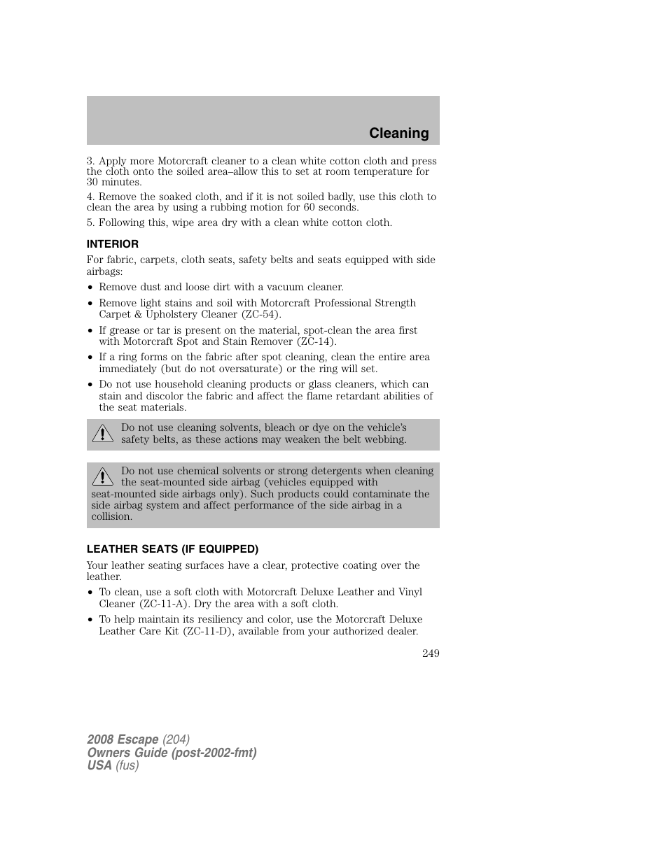 Cleaning | FORD 2008 Escape v.2 User Manual | Page 249 / 304