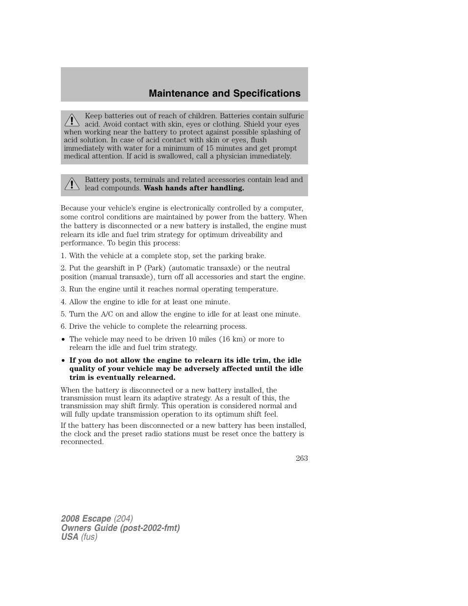 Maintenance and specifications | FORD 2008 Escape v.2 User Manual | Page 263 / 304