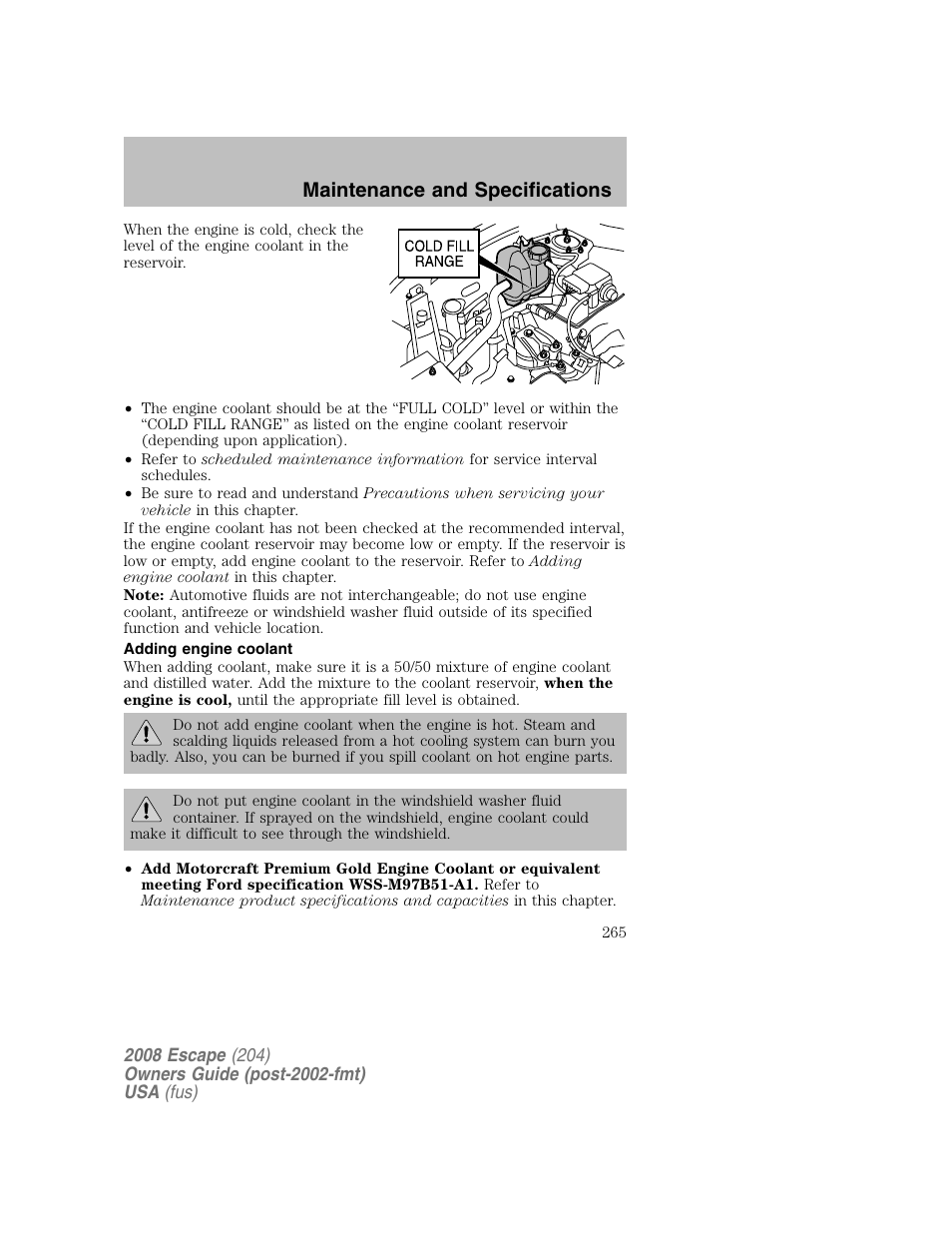 Maintenance and specifications | FORD 2008 Escape v.2 User Manual | Page 265 / 304