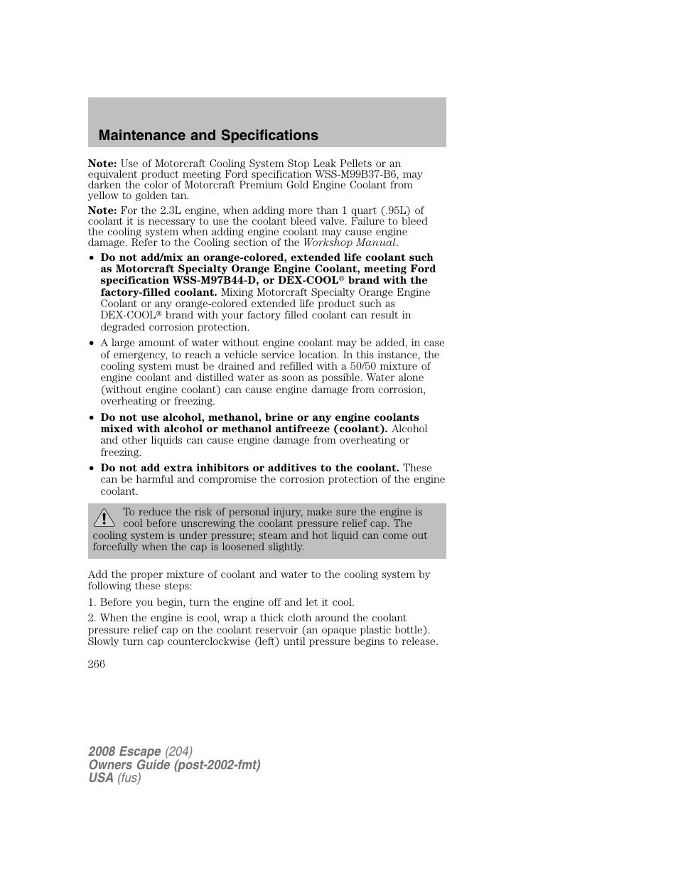Maintenance and specifications | FORD 2008 Escape v.2 User Manual | Page 266 / 304