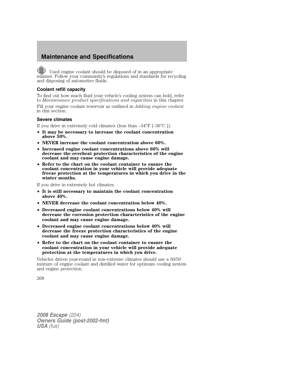 Maintenance and specifications | FORD 2008 Escape v.2 User Manual | Page 268 / 304