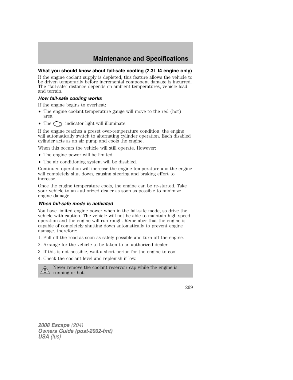 Maintenance and specifications | FORD 2008 Escape v.2 User Manual | Page 269 / 304