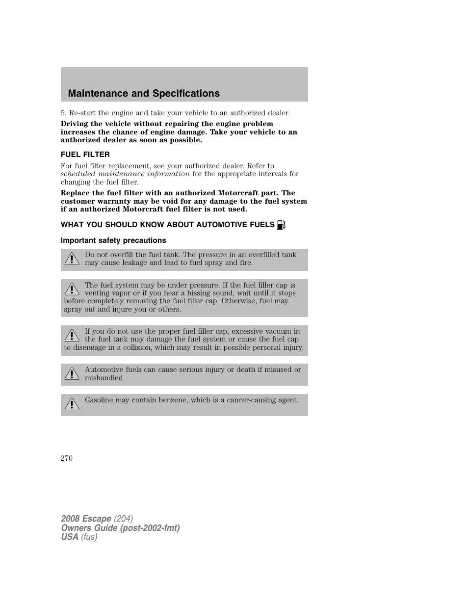 Maintenance and specifications | FORD 2008 Escape v.2 User Manual | Page 270 / 304
