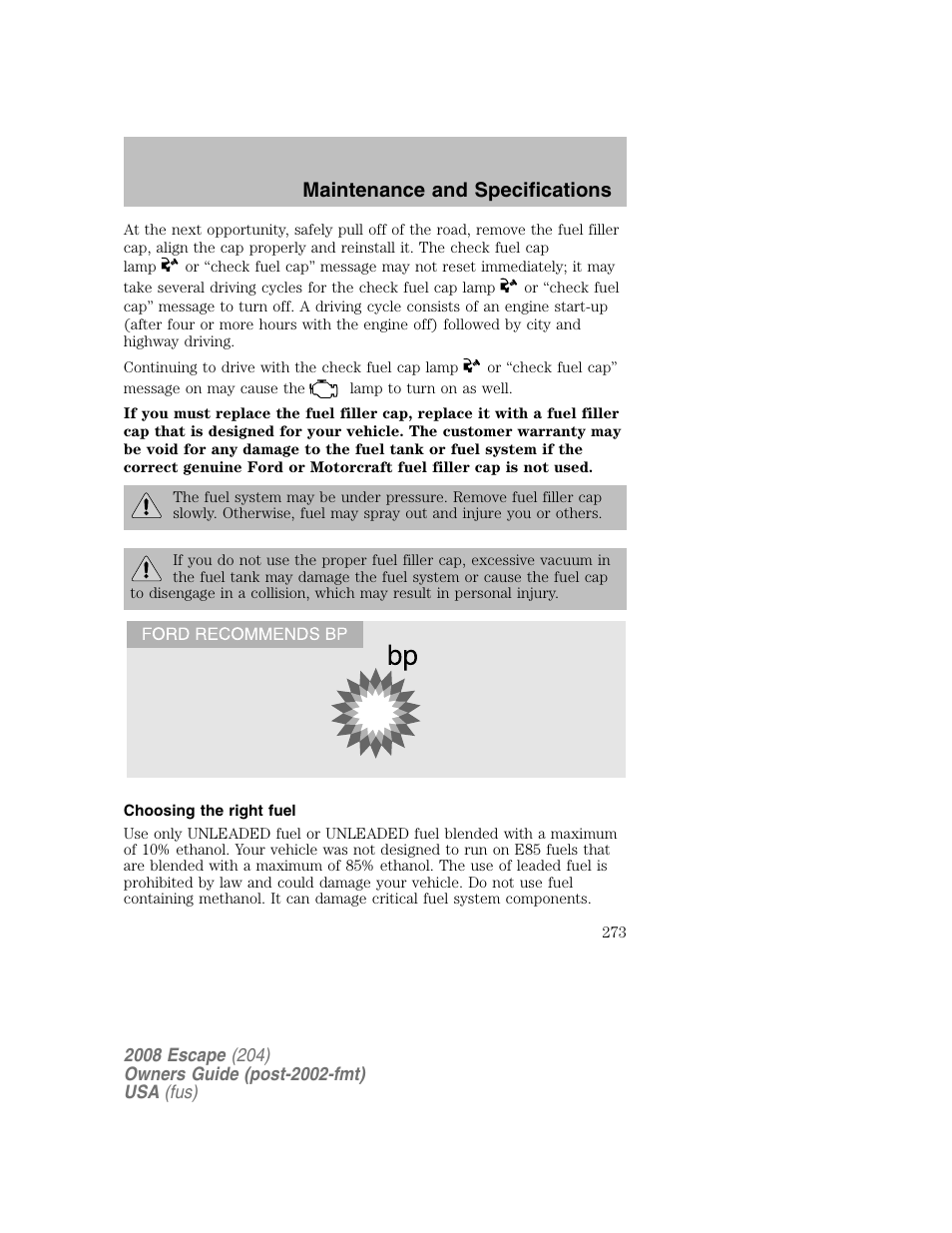 Maintenance and specifications | FORD 2008 Escape v.2 User Manual | Page 273 / 304