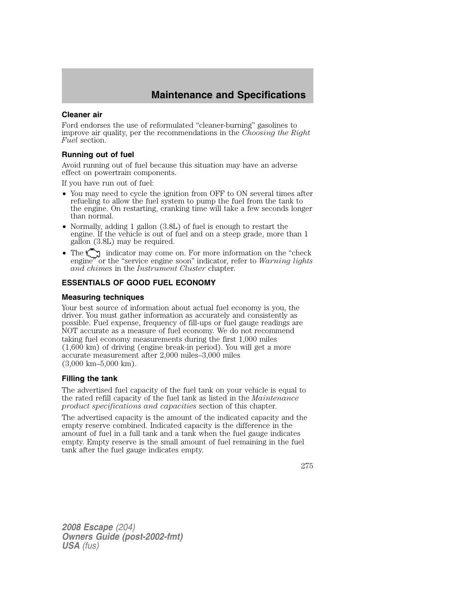 Maintenance and specifications | FORD 2008 Escape v.2 User Manual | Page 275 / 304
