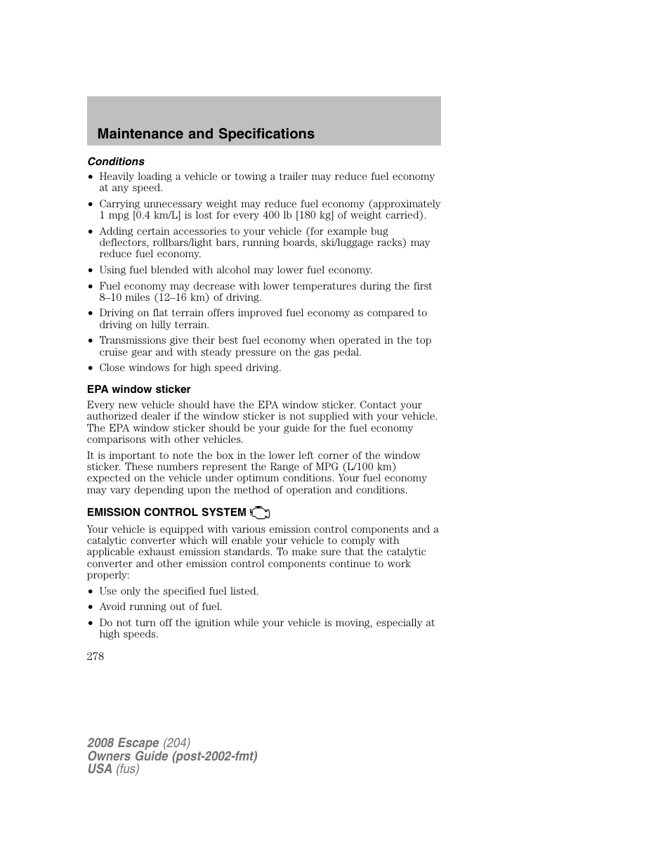 Maintenance and specifications | FORD 2008 Escape v.2 User Manual | Page 278 / 304