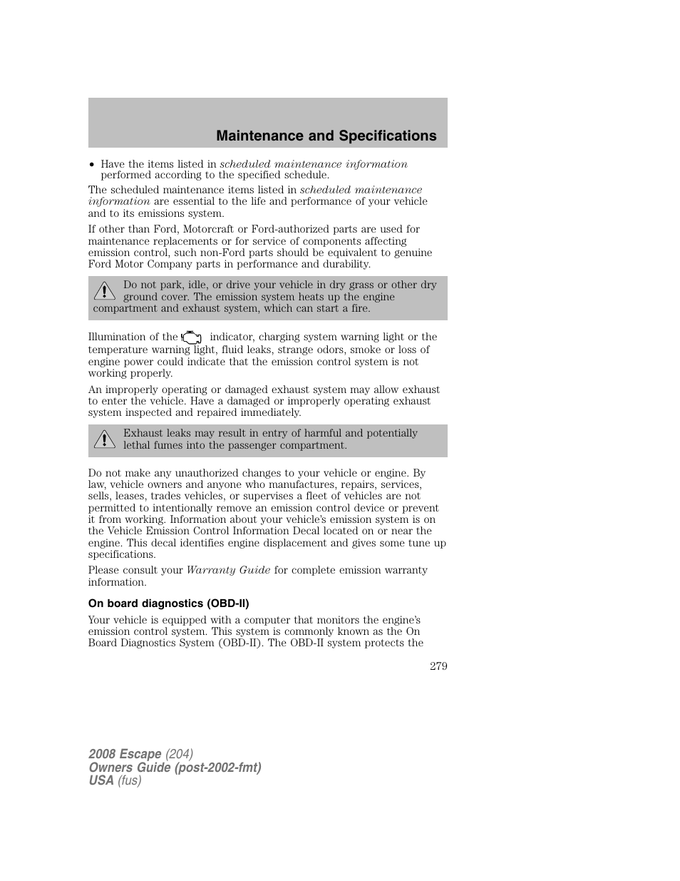 Maintenance and specifications | FORD 2008 Escape v.2 User Manual | Page 279 / 304