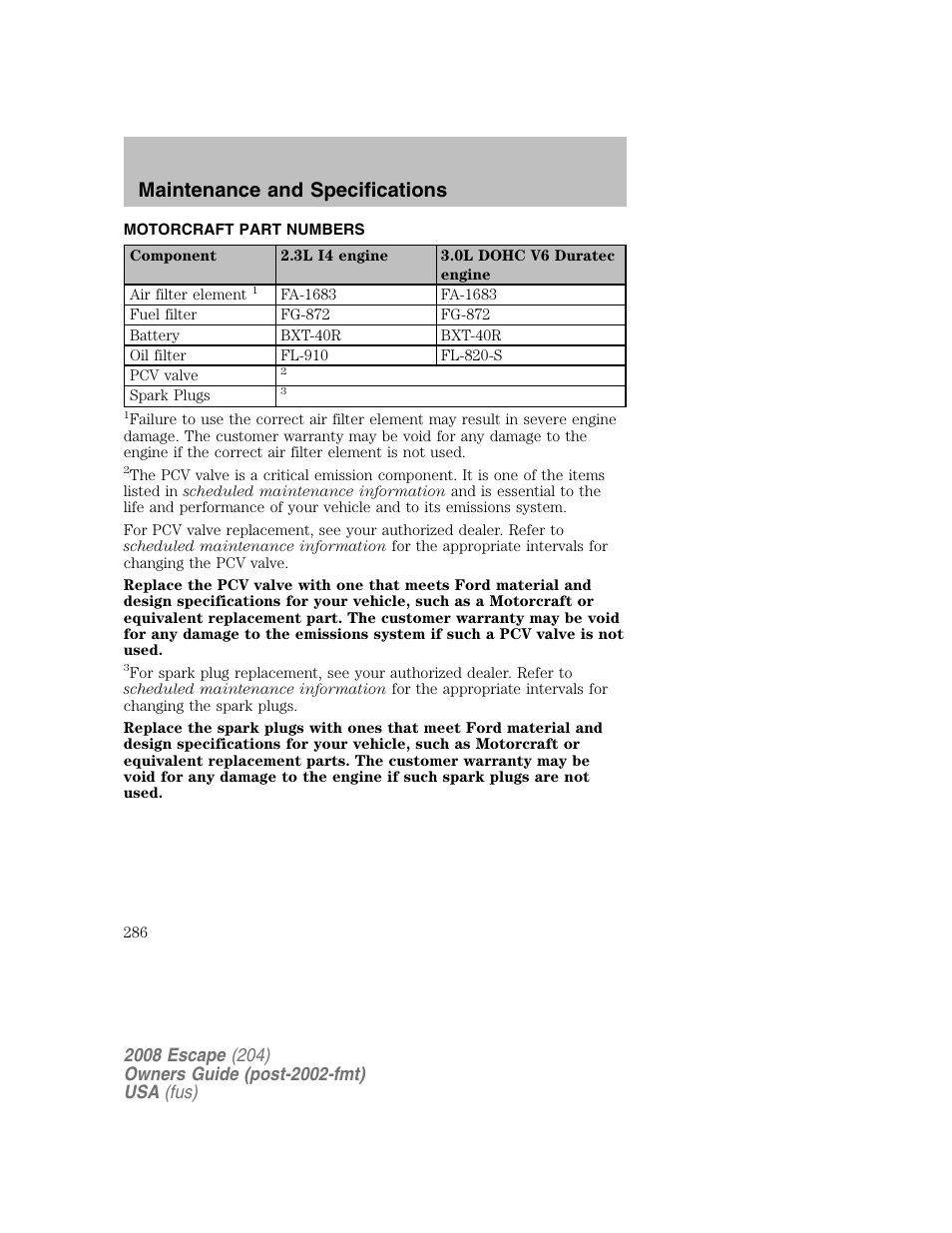 Maintenance and specifications | FORD 2008 Escape v.2 User Manual | Page 286 / 304