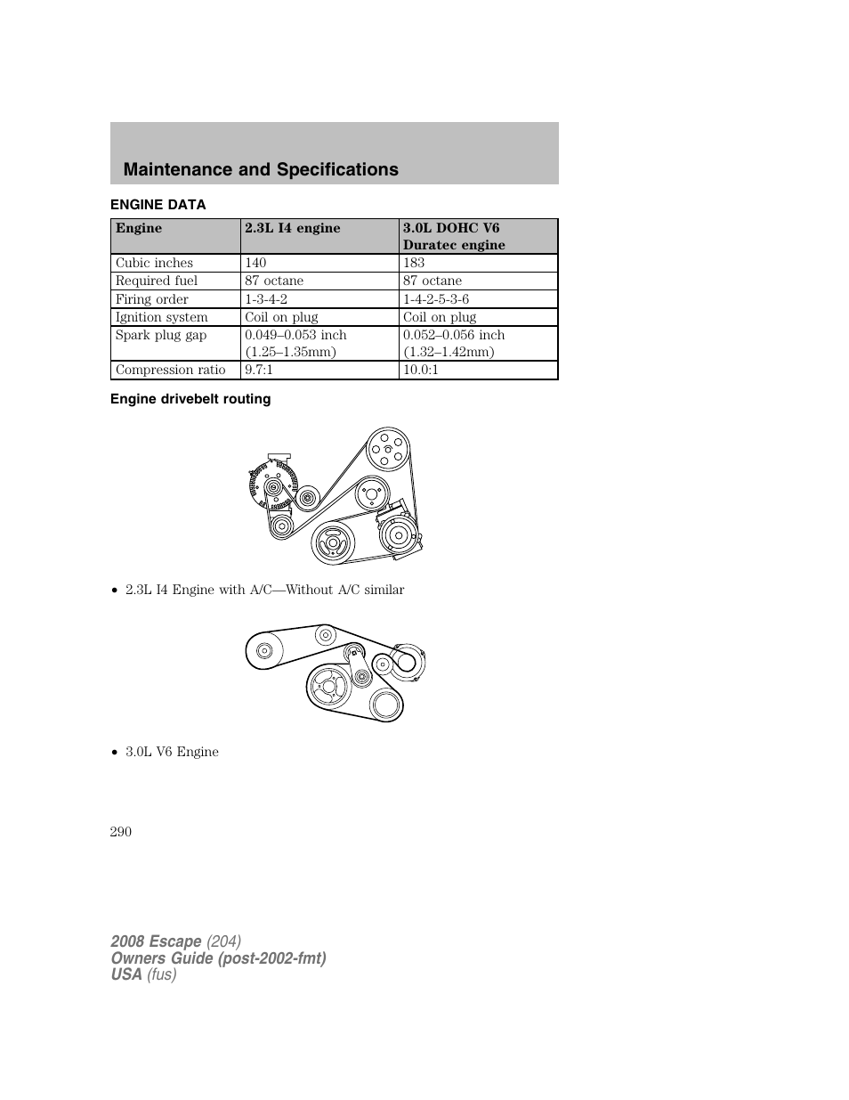Maintenance and specifications | FORD 2008 Escape v.2 User Manual | Page 290 / 304