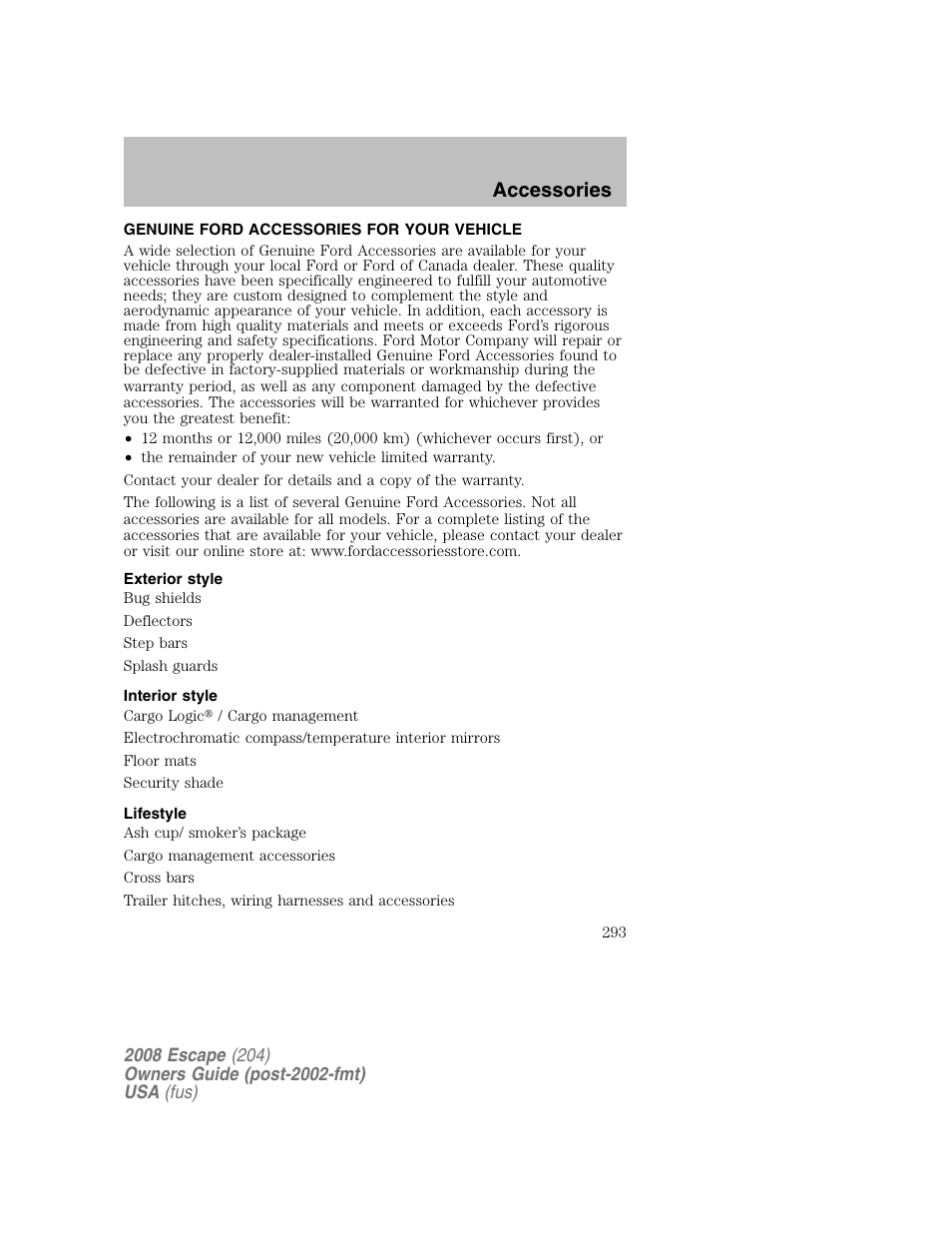 Accessories | FORD 2008 Escape v.2 User Manual | Page 293 / 304