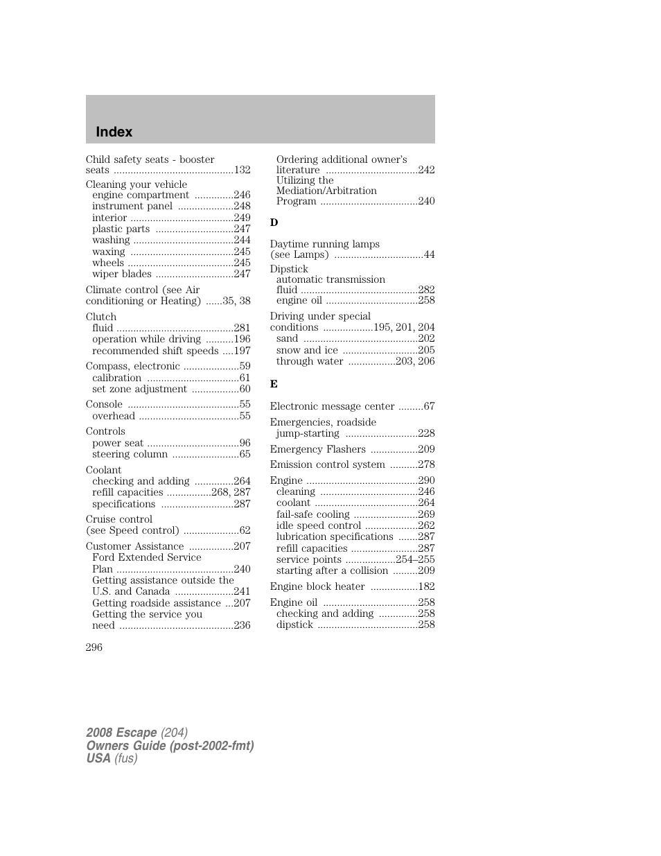 Index | FORD 2008 Escape v.2 User Manual | Page 296 / 304