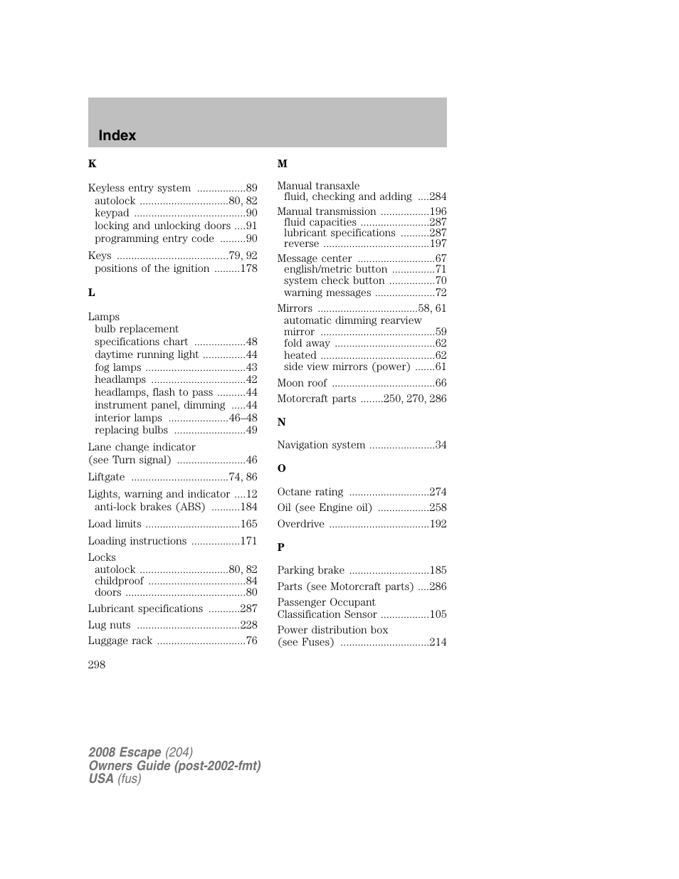 Index | FORD 2008 Escape v.2 User Manual | Page 298 / 304