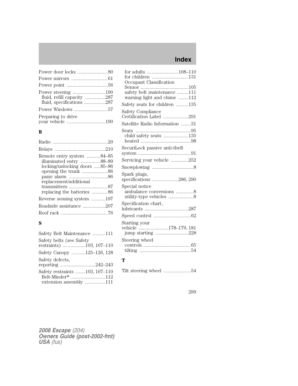 Index | FORD 2008 Escape v.2 User Manual | Page 299 / 304