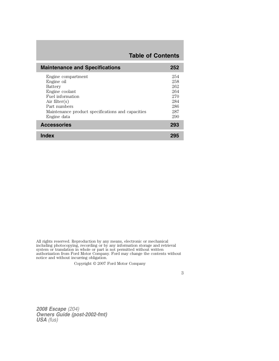 FORD 2008 Escape v.2 User Manual | Page 3 / 304