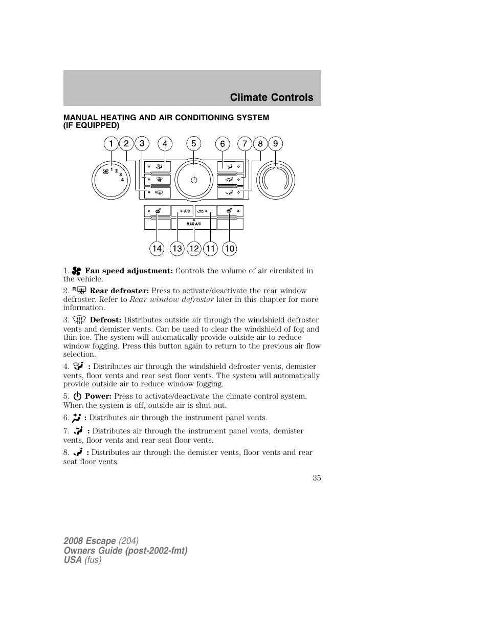 Climate controls | FORD 2008 Escape v.2 User Manual | Page 35 / 304