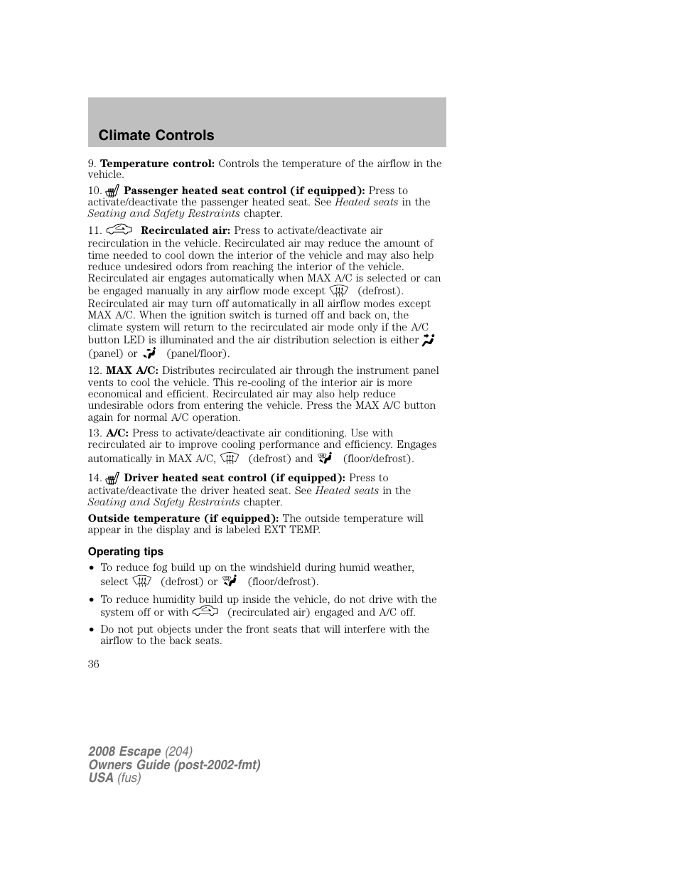 Climate controls | FORD 2008 Escape v.2 User Manual | Page 36 / 304