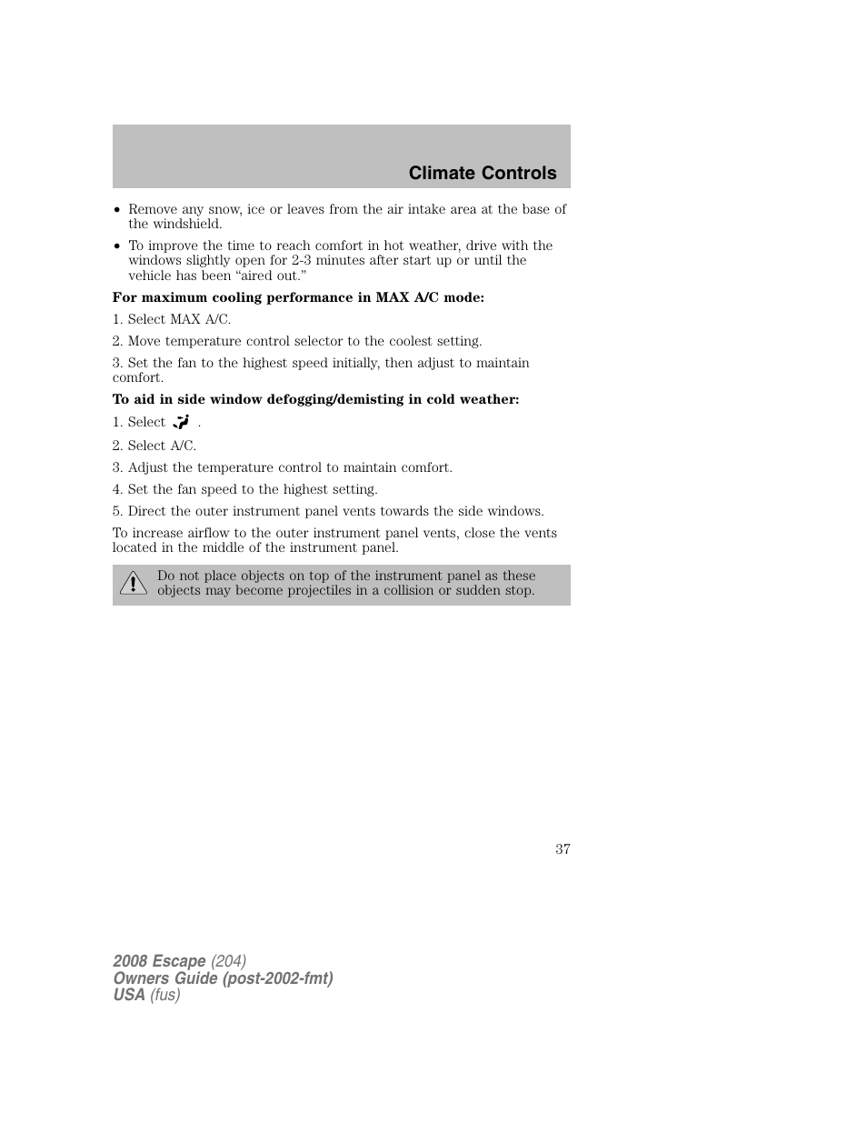 Climate controls | FORD 2008 Escape v.2 User Manual | Page 37 / 304