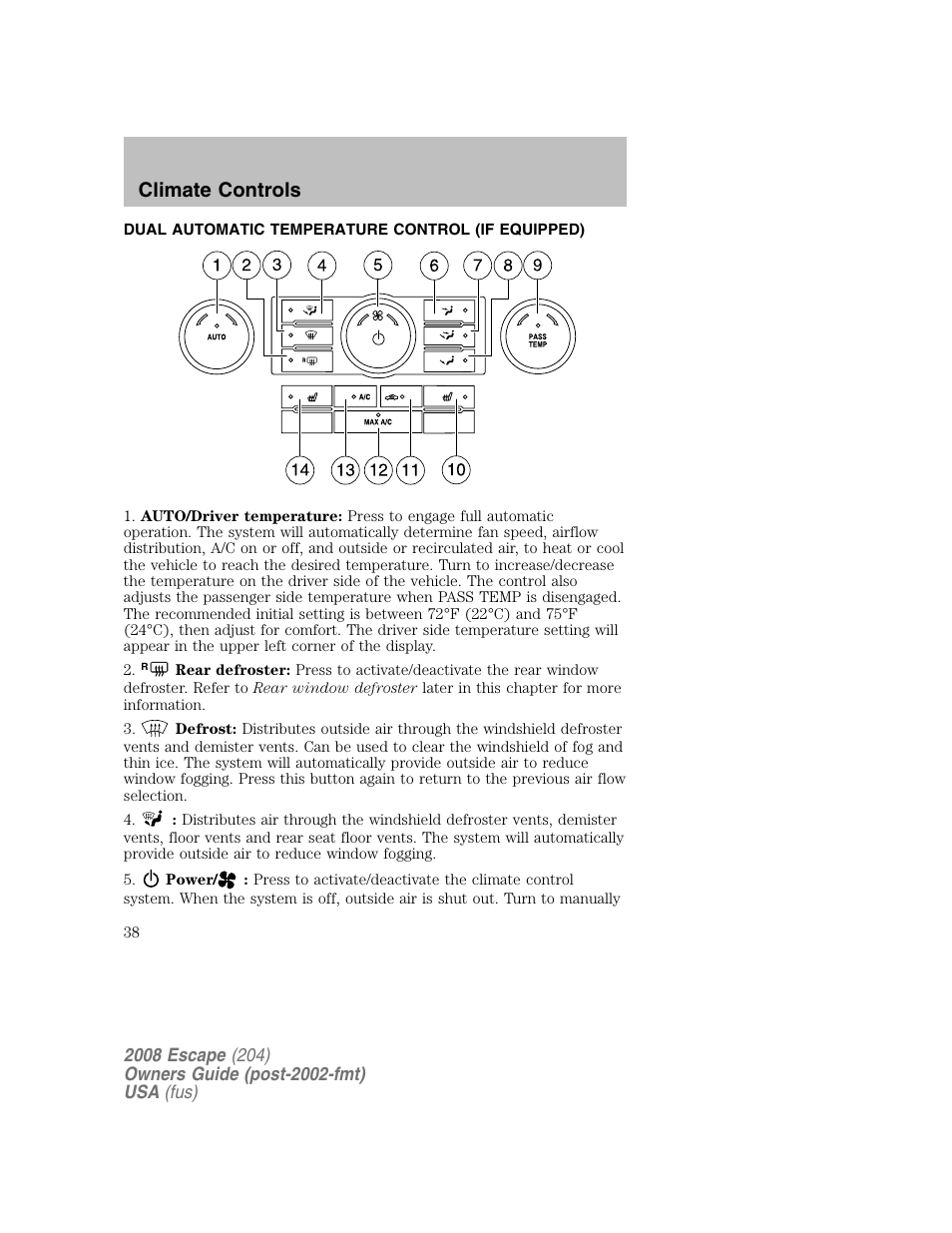 Climate controls | FORD 2008 Escape v.2 User Manual | Page 38 / 304