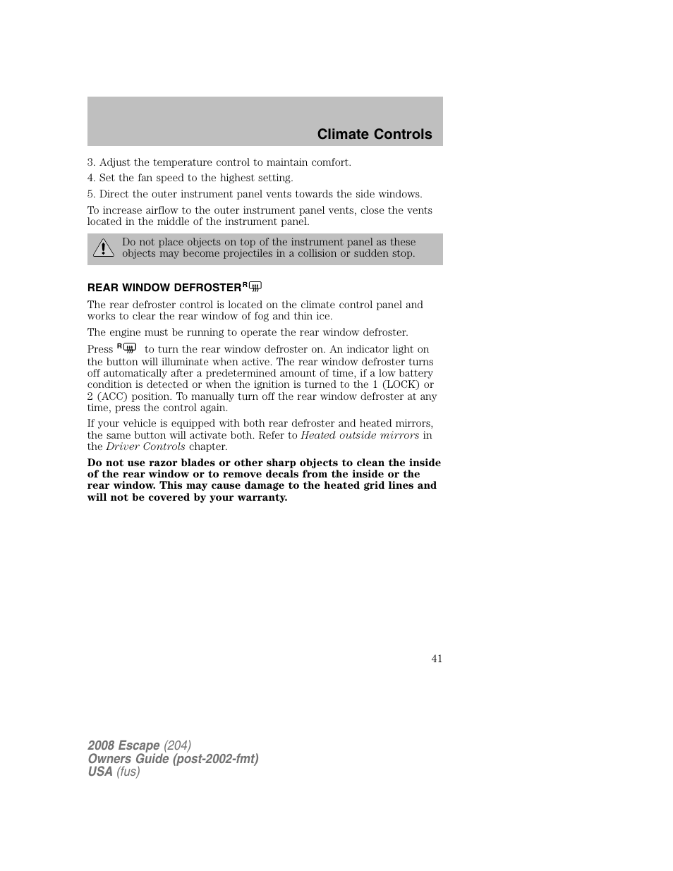 Climate controls | FORD 2008 Escape v.2 User Manual | Page 41 / 304