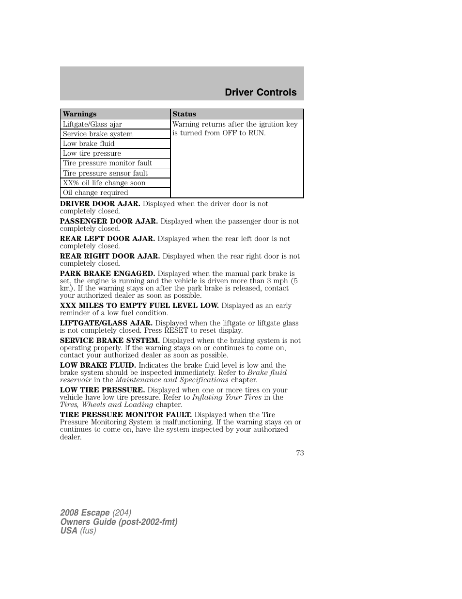 Driver controls | FORD 2008 Escape v.2 User Manual | Page 73 / 304