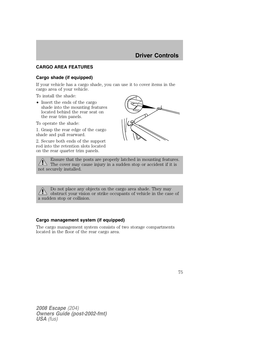 Driver controls | FORD 2008 Escape v.2 User Manual | Page 75 / 304