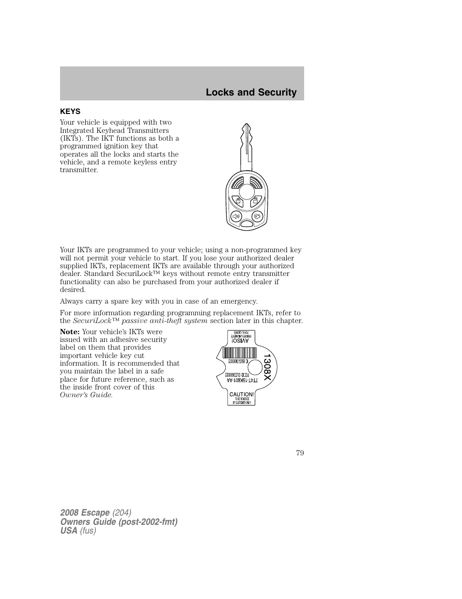 Locks and security | FORD 2008 Escape v.2 User Manual | Page 79 / 304