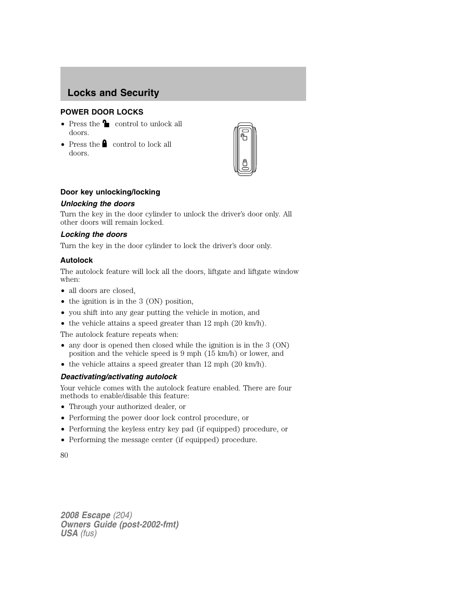 Locks and security | FORD 2008 Escape v.2 User Manual | Page 80 / 304