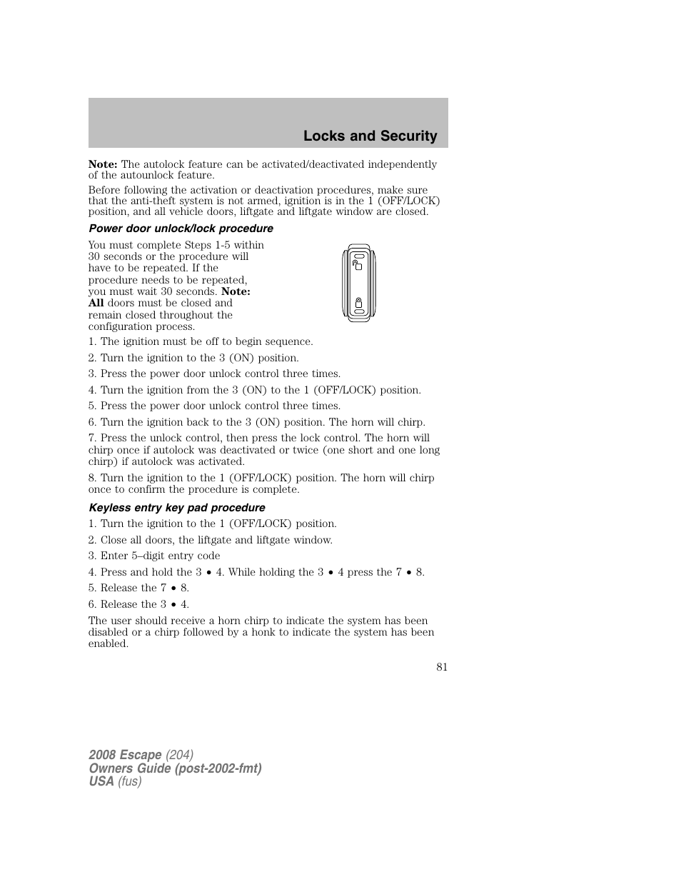 Locks and security | FORD 2008 Escape v.2 User Manual | Page 81 / 304