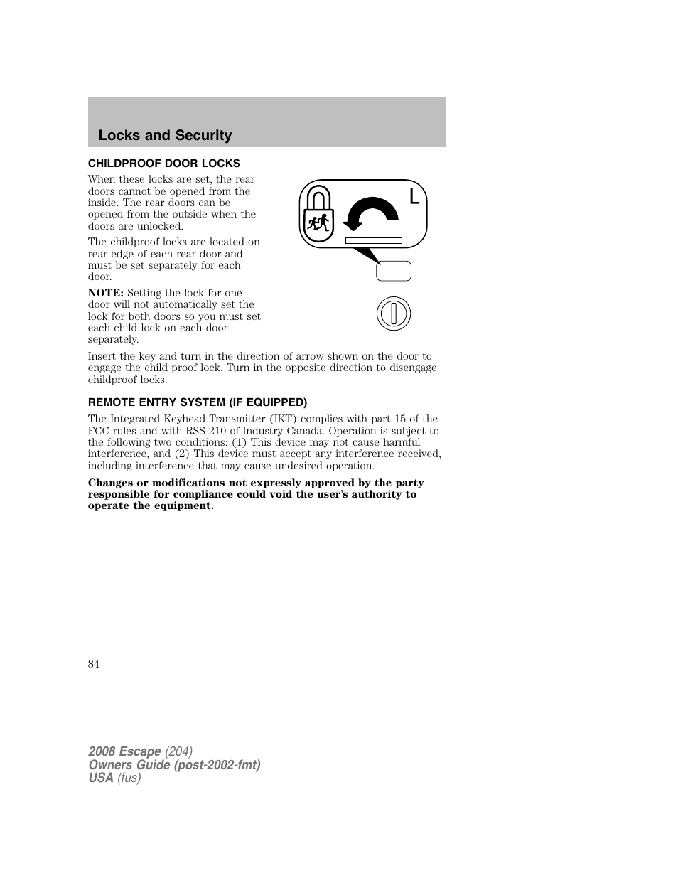 Locks and security | FORD 2008 Escape v.2 User Manual | Page 84 / 304