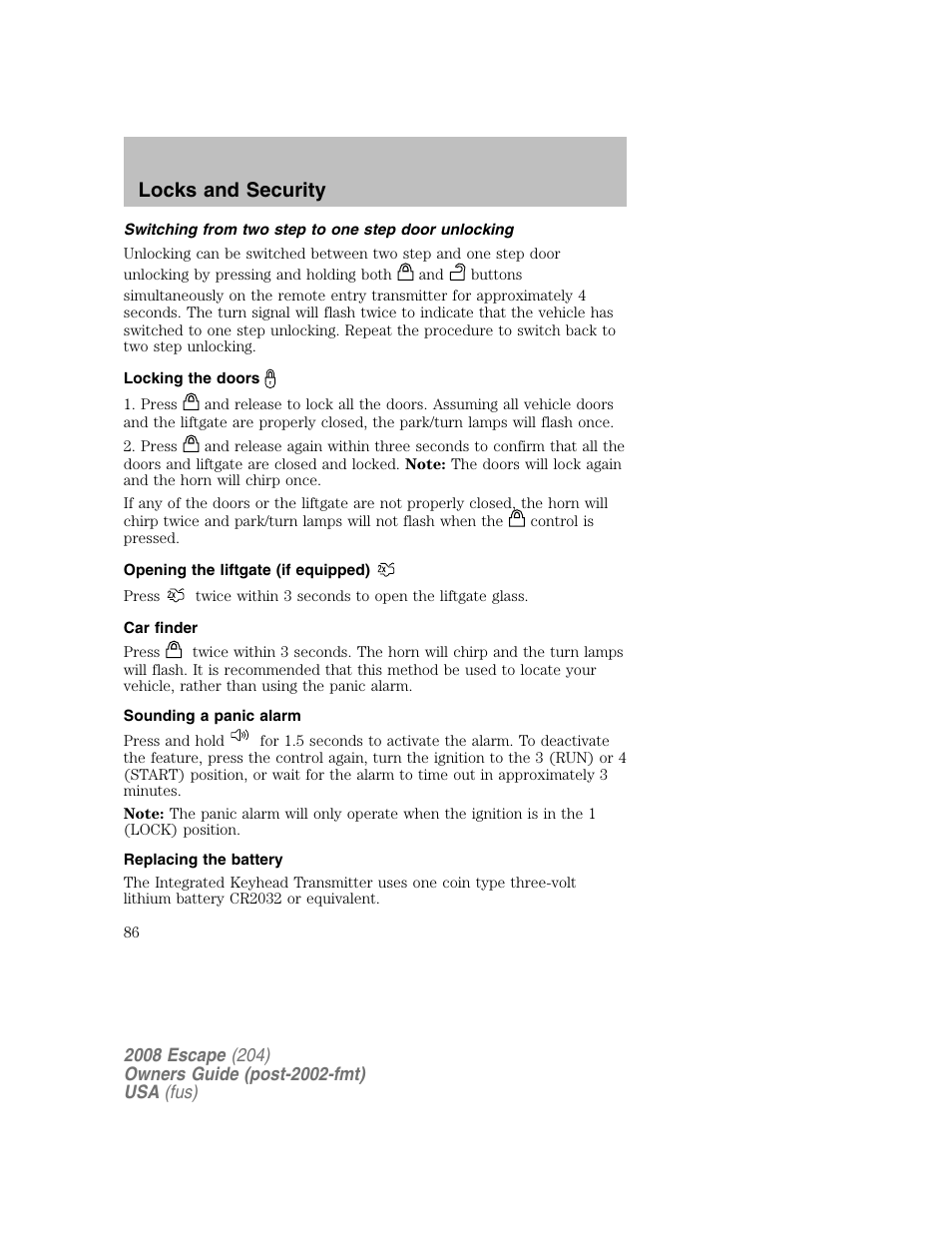 Locks and security | FORD 2008 Escape v.2 User Manual | Page 86 / 304
