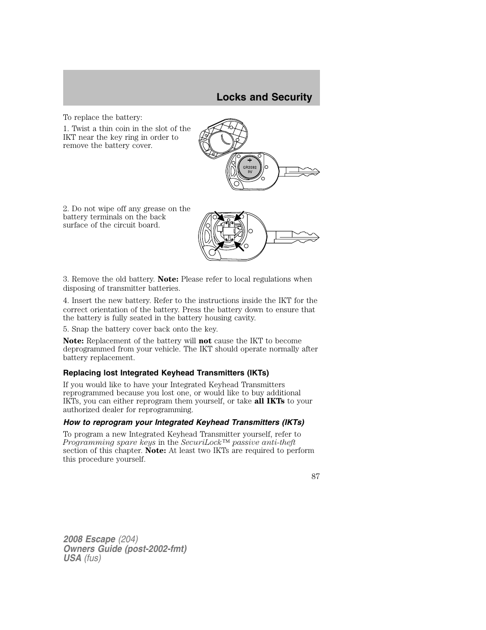 Locks and security | FORD 2008 Escape v.2 User Manual | Page 87 / 304