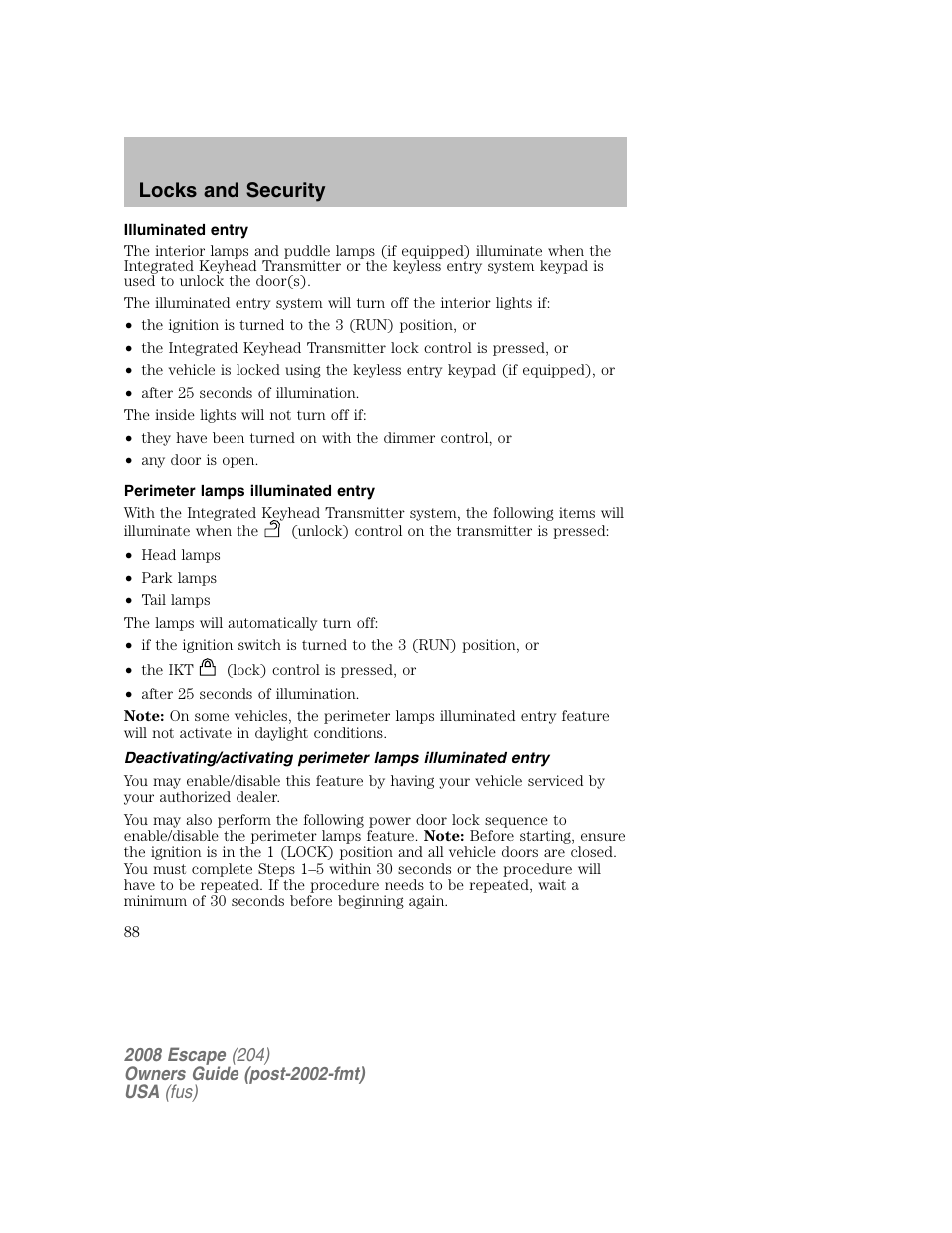 Locks and security | FORD 2008 Escape v.2 User Manual | Page 88 / 304