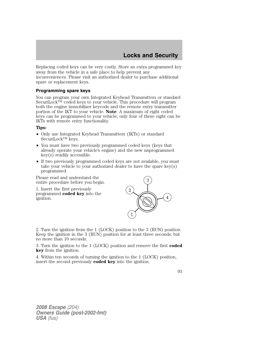 Locks and security | FORD 2008 Escape v.2 User Manual | Page 93 / 304