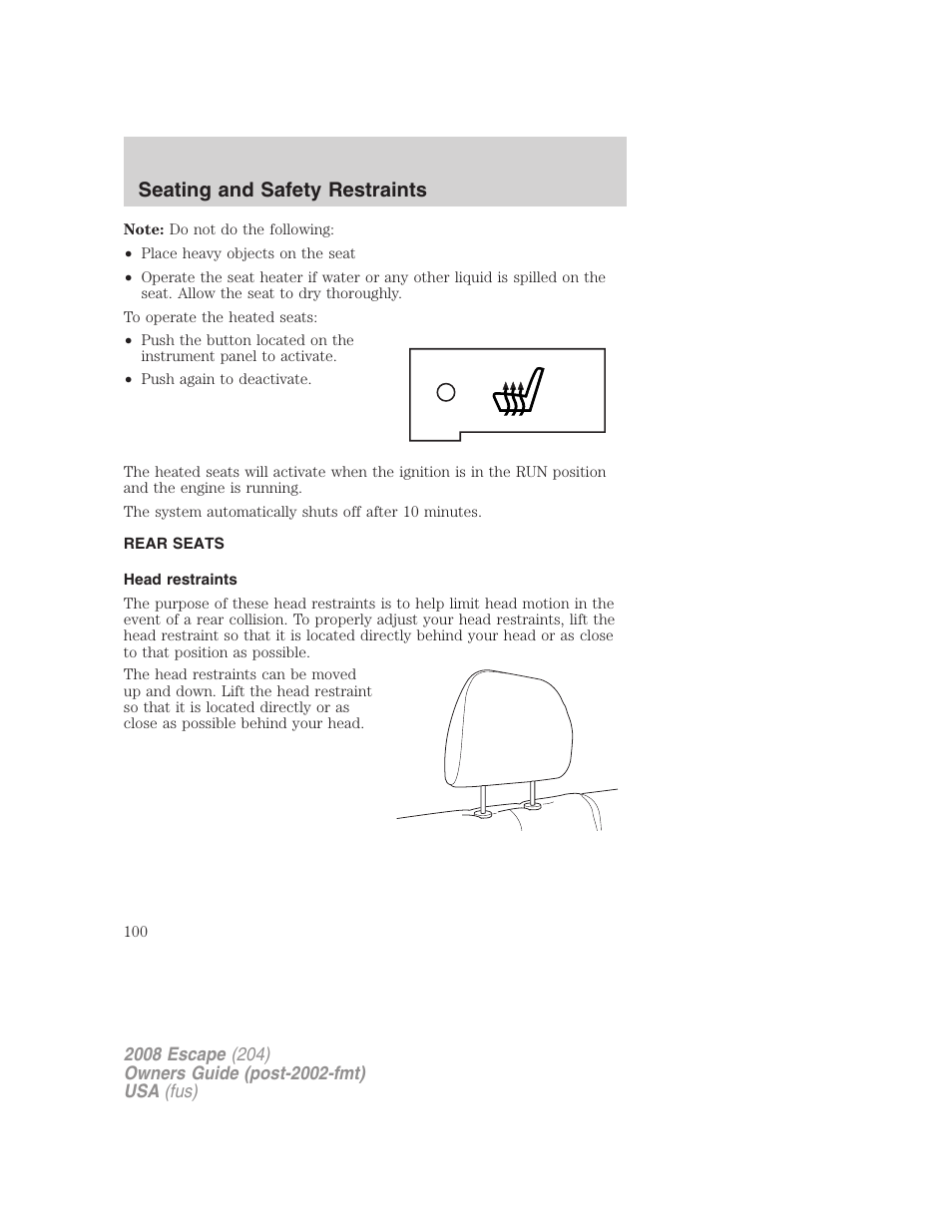 Rear seats, Head restraints, Seating and safety restraints | FORD 2008 Escape v.3 User Manual | Page 100 / 304