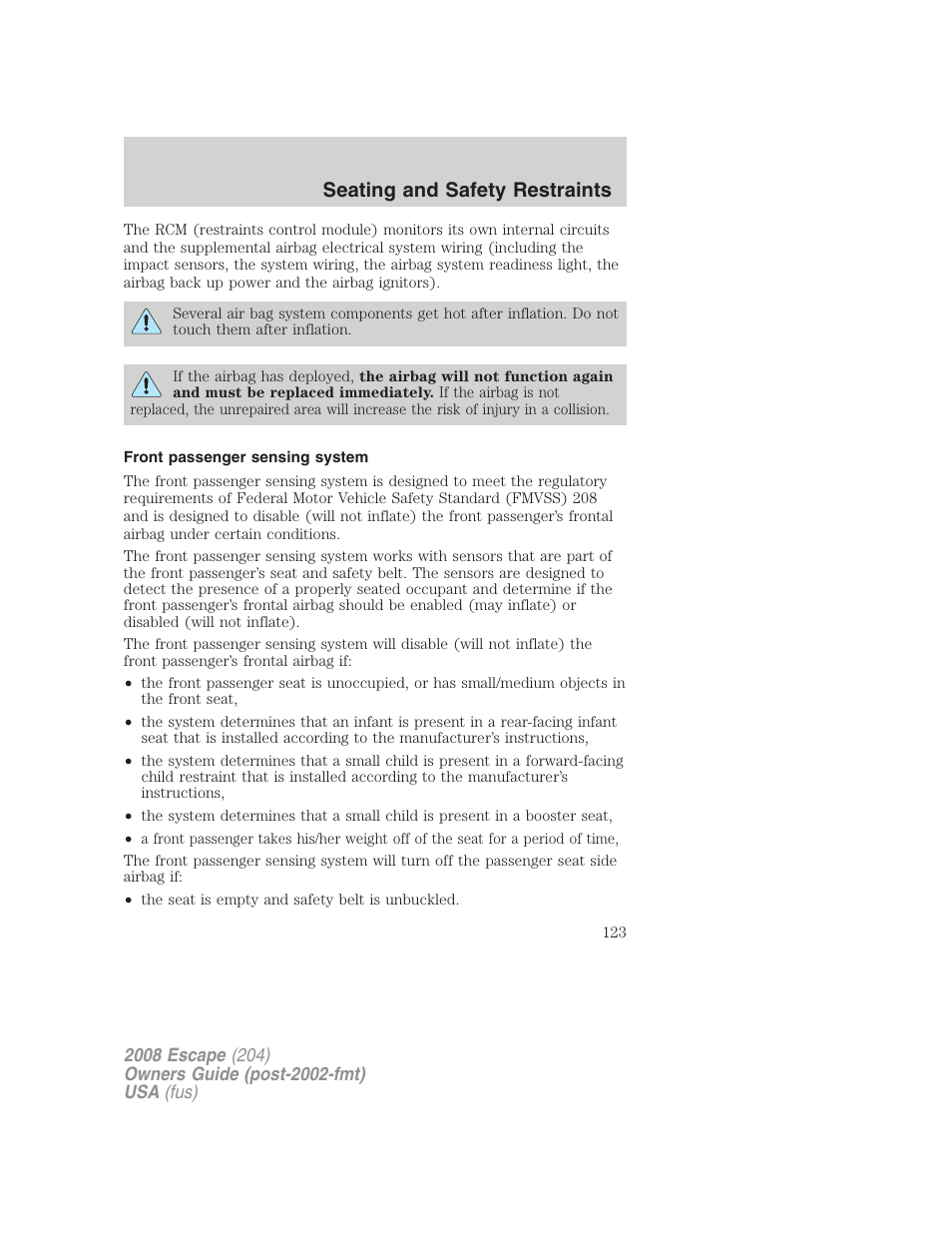 Front passenger sensing system, Seating and safety restraints | FORD 2008 Escape v.3 User Manual | Page 123 / 304