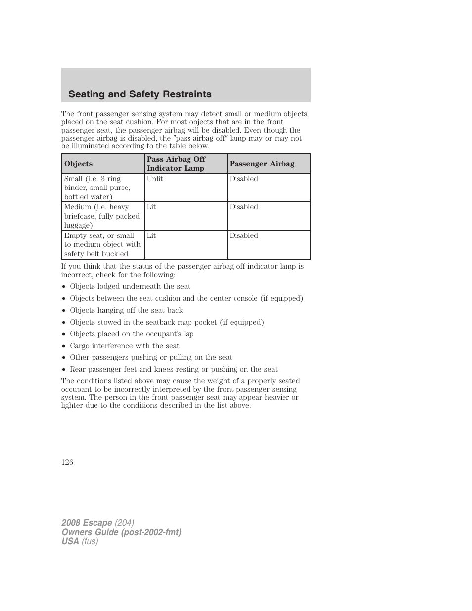 Seating and safety restraints | FORD 2008 Escape v.3 User Manual | Page 126 / 304