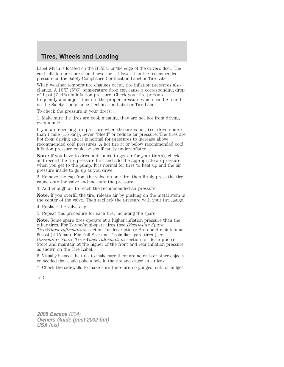 Tires, wheels and loading | FORD 2008 Escape v.3 User Manual | Page 152 / 304