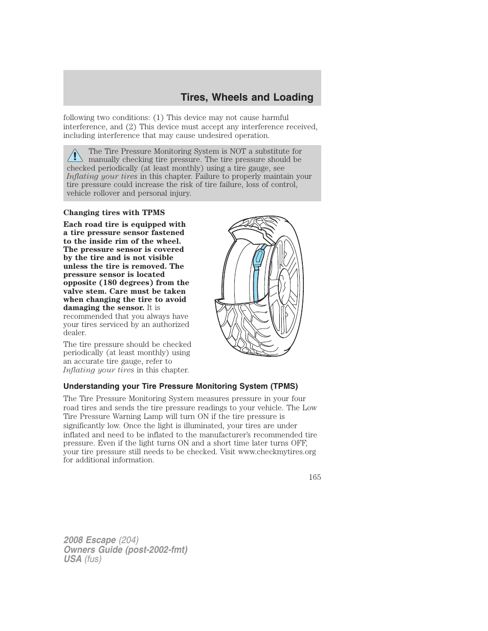 Tires, wheels and loading | FORD 2008 Escape v.3 User Manual | Page 165 / 304